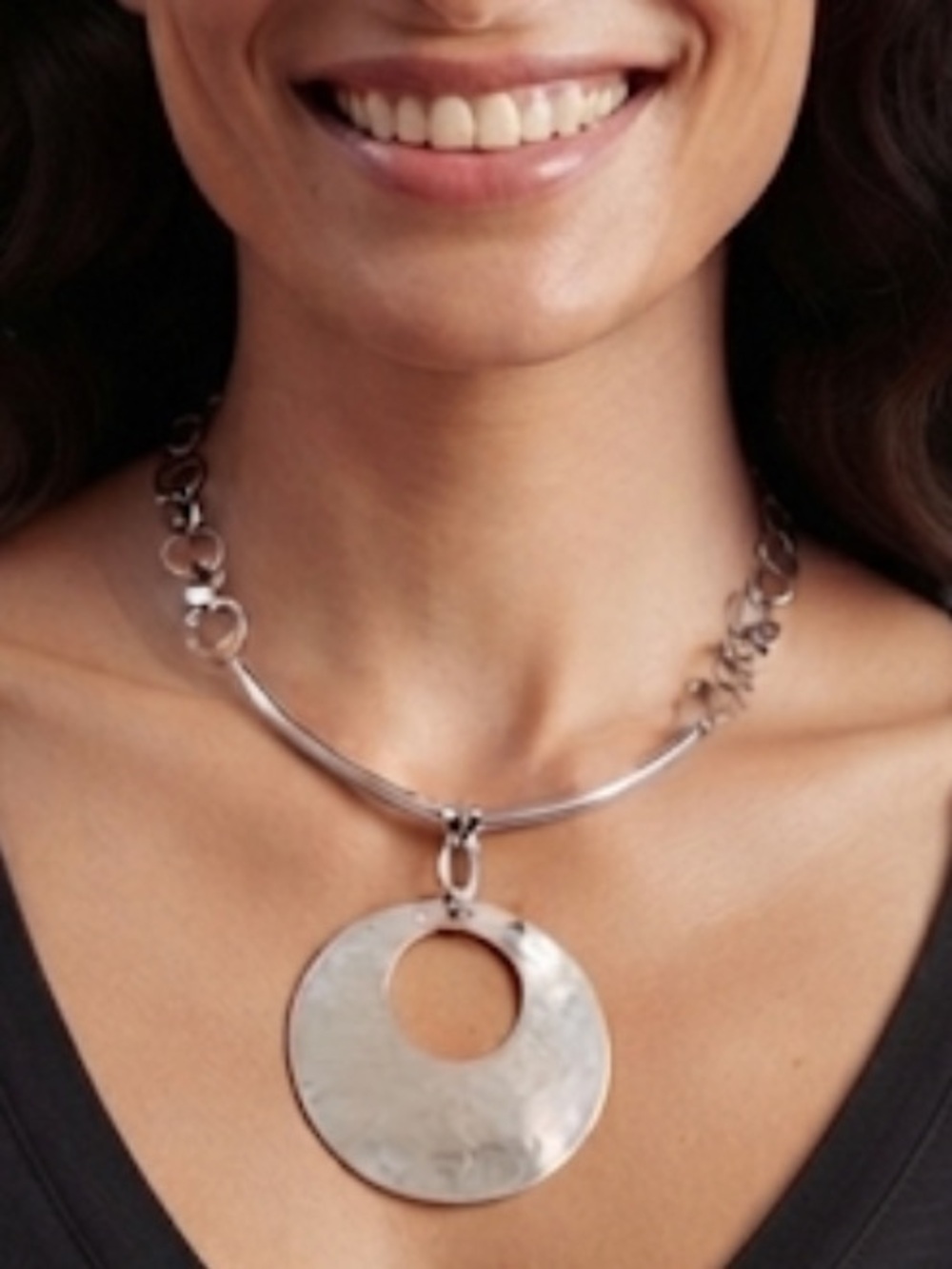 Silver Hammered Disk Pendant Necklace - Women
